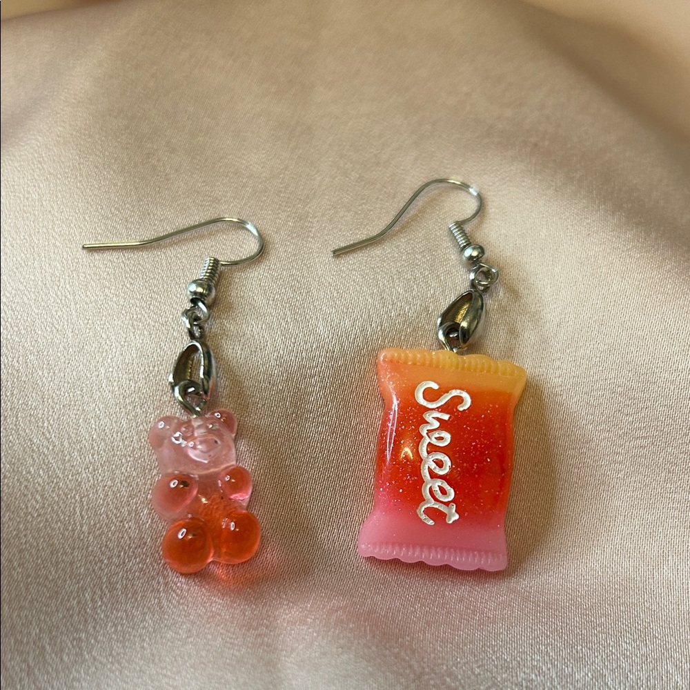 Pink Orange Gummy Bear & Sweet Candy Dangle Earrings